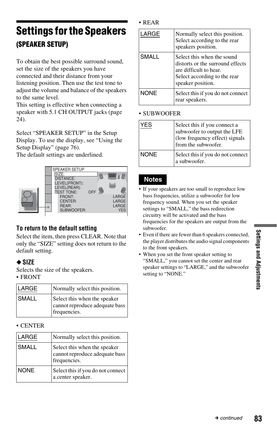 Settings for the speakers (speaker setup), Settings for the speakers, Speaker setup) | Sony DVP-CX995V User Manual | Page 83 / 96