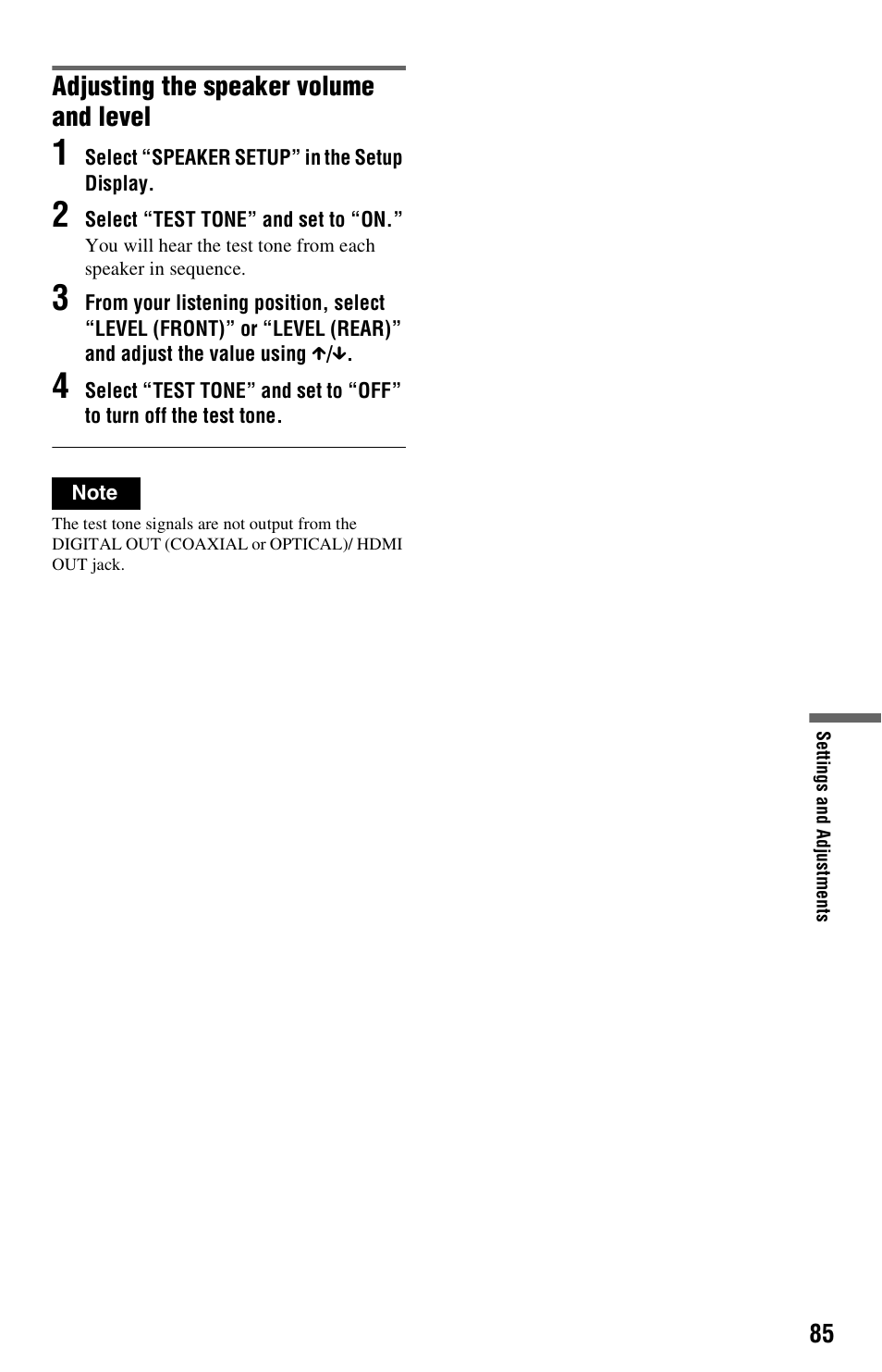 Adjusting the speaker volume and level | Sony DVP-CX995V User Manual | Page 85 / 96
