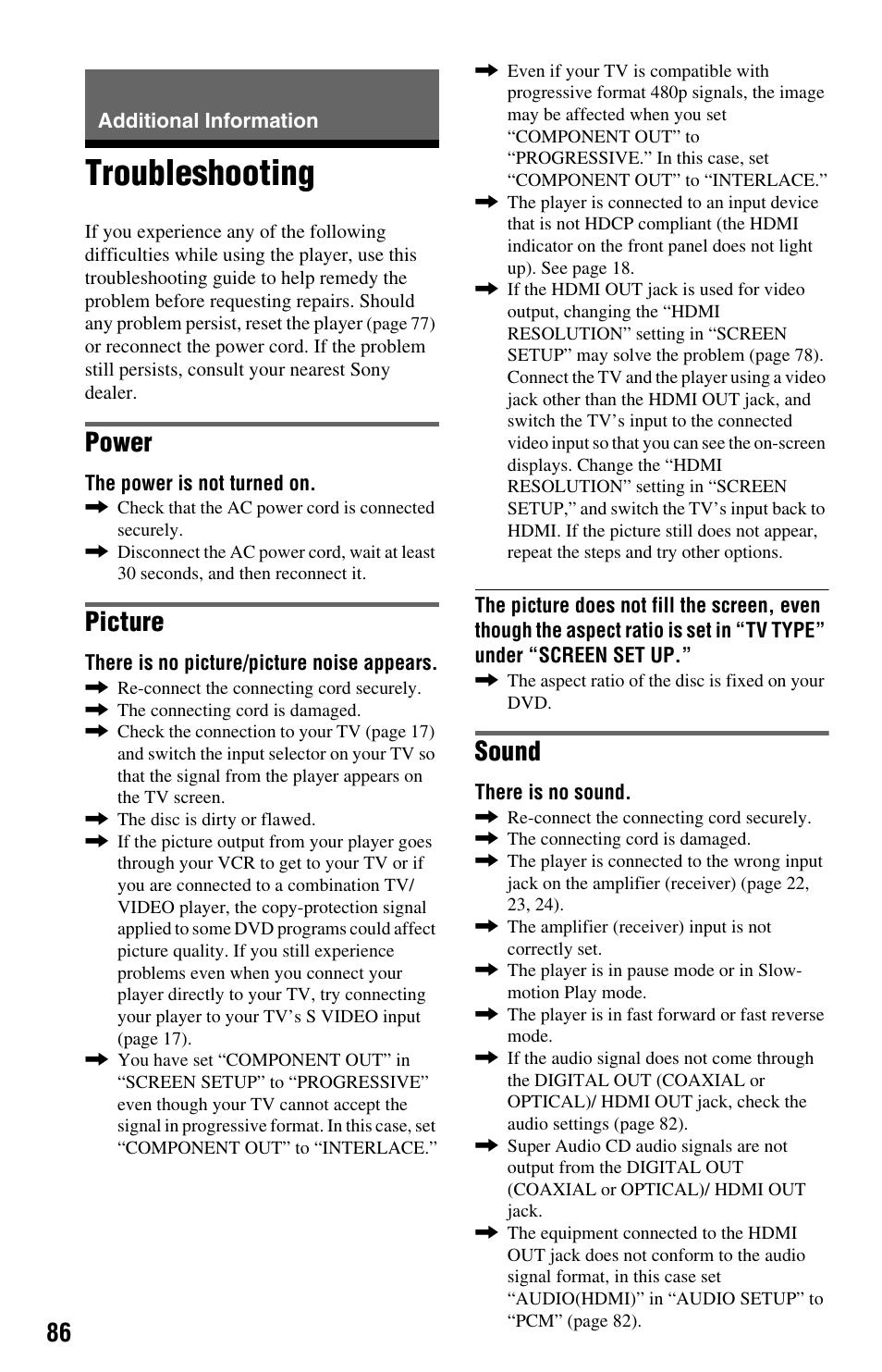 Additional information, Troubleshooting, Power | Picture, Sound | Sony DVP-CX995V User Manual | Page 86 / 96