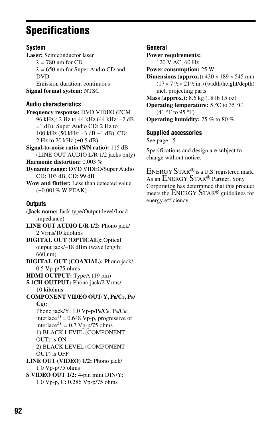 Specifications | Sony DVP-CX995V User Manual | Page 92 / 96