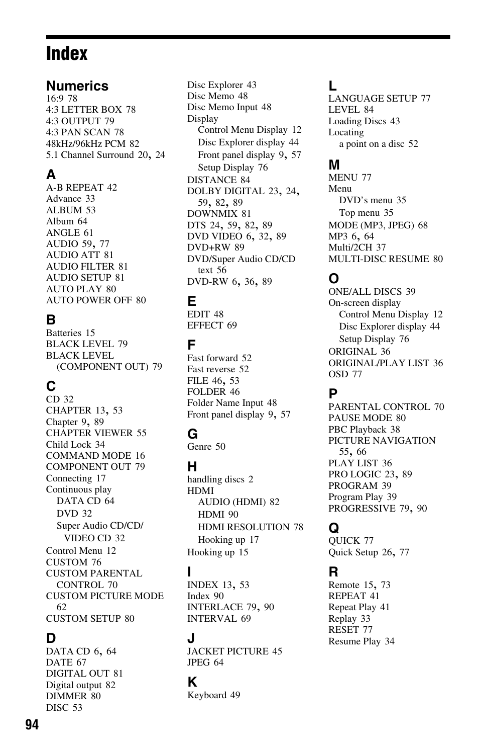 Index, Numerics | Sony DVP-CX995V User Manual | Page 94 / 96