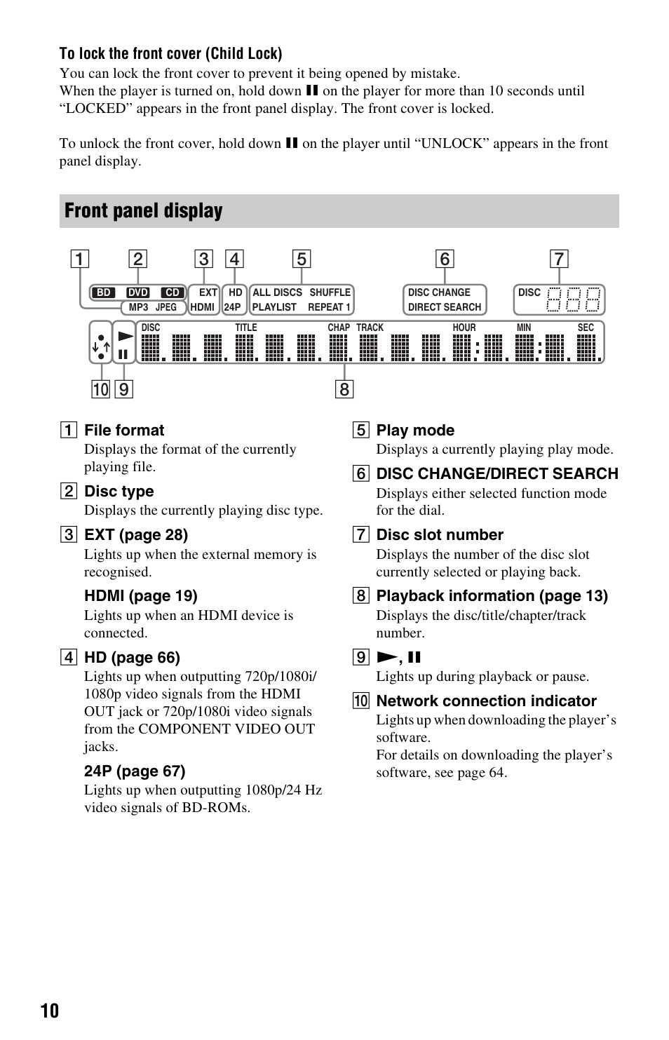 Front panel display | Sony BDP-CX7000ES User Manual | Page 10 / 99