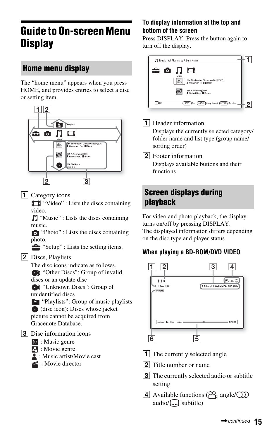 Guide to on-screen menu display, Home menu display screen displays during playback | Sony BDP-CX7000ES User Manual | Page 15 / 99