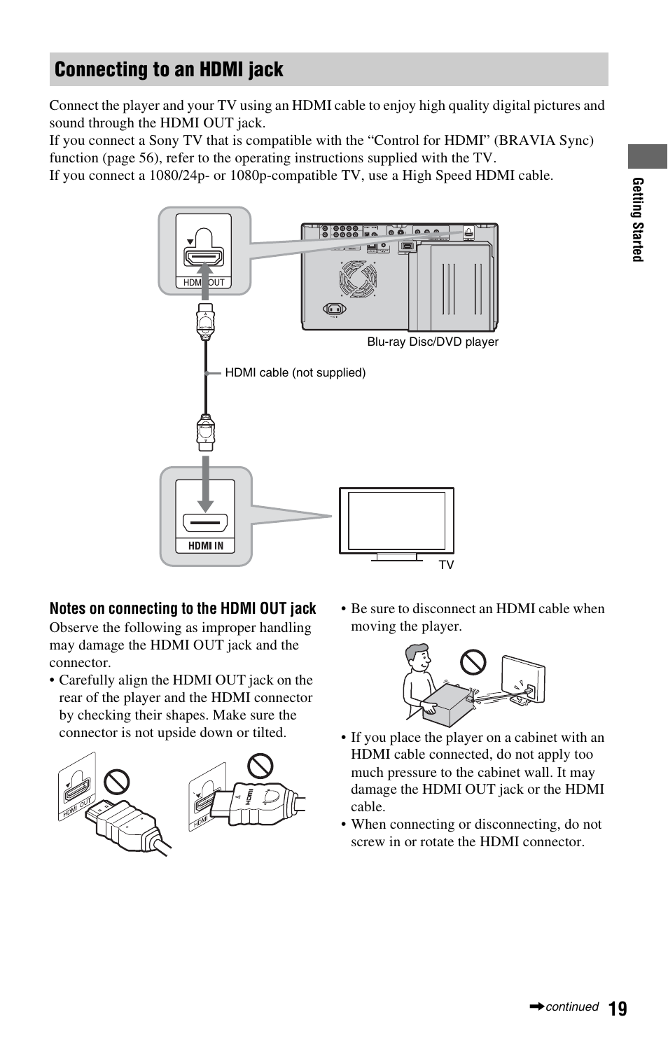 Connecting to an hdmi jack | Sony BDP-CX7000ES User Manual | Page 19 / 99