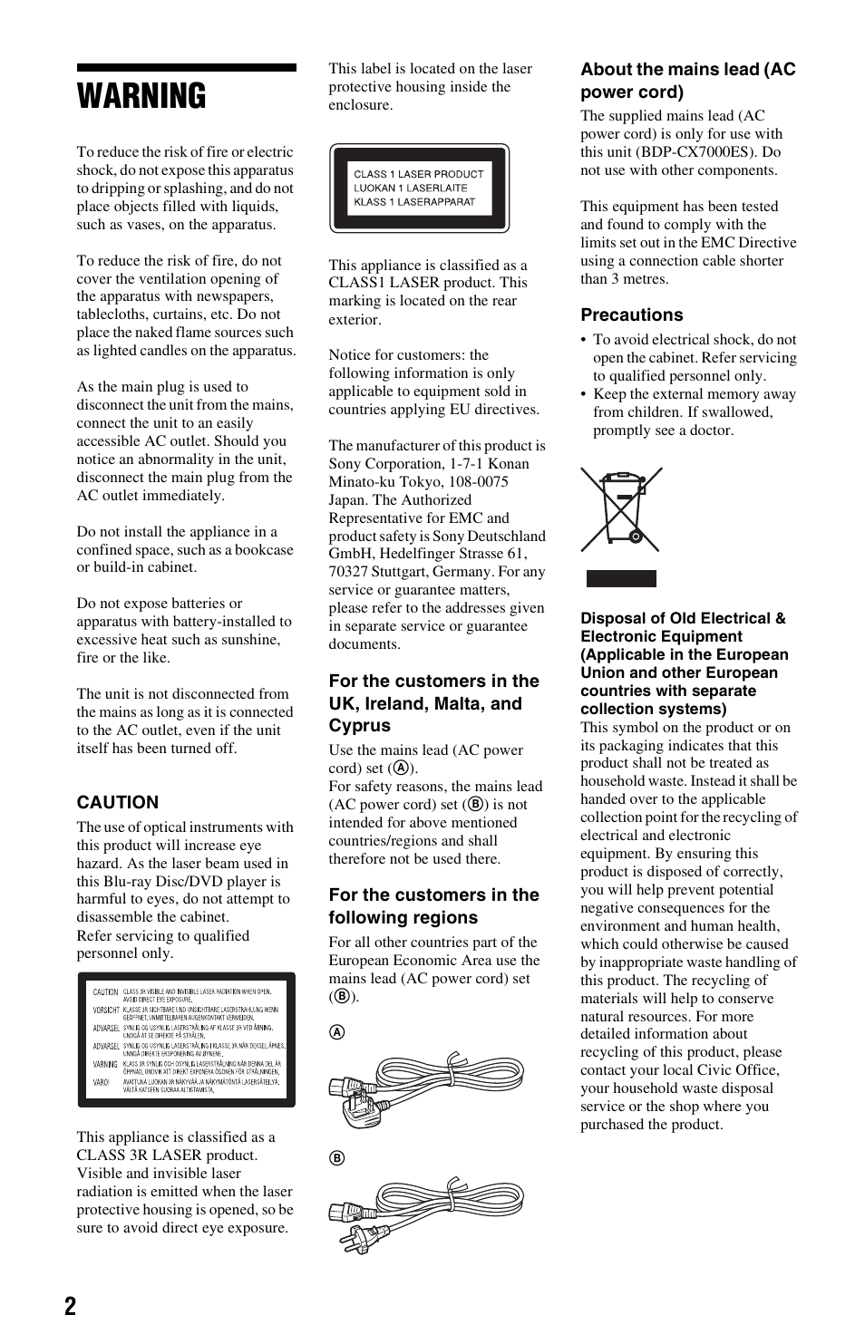 Warning | Sony BDP-CX7000ES User Manual | Page 2 / 99