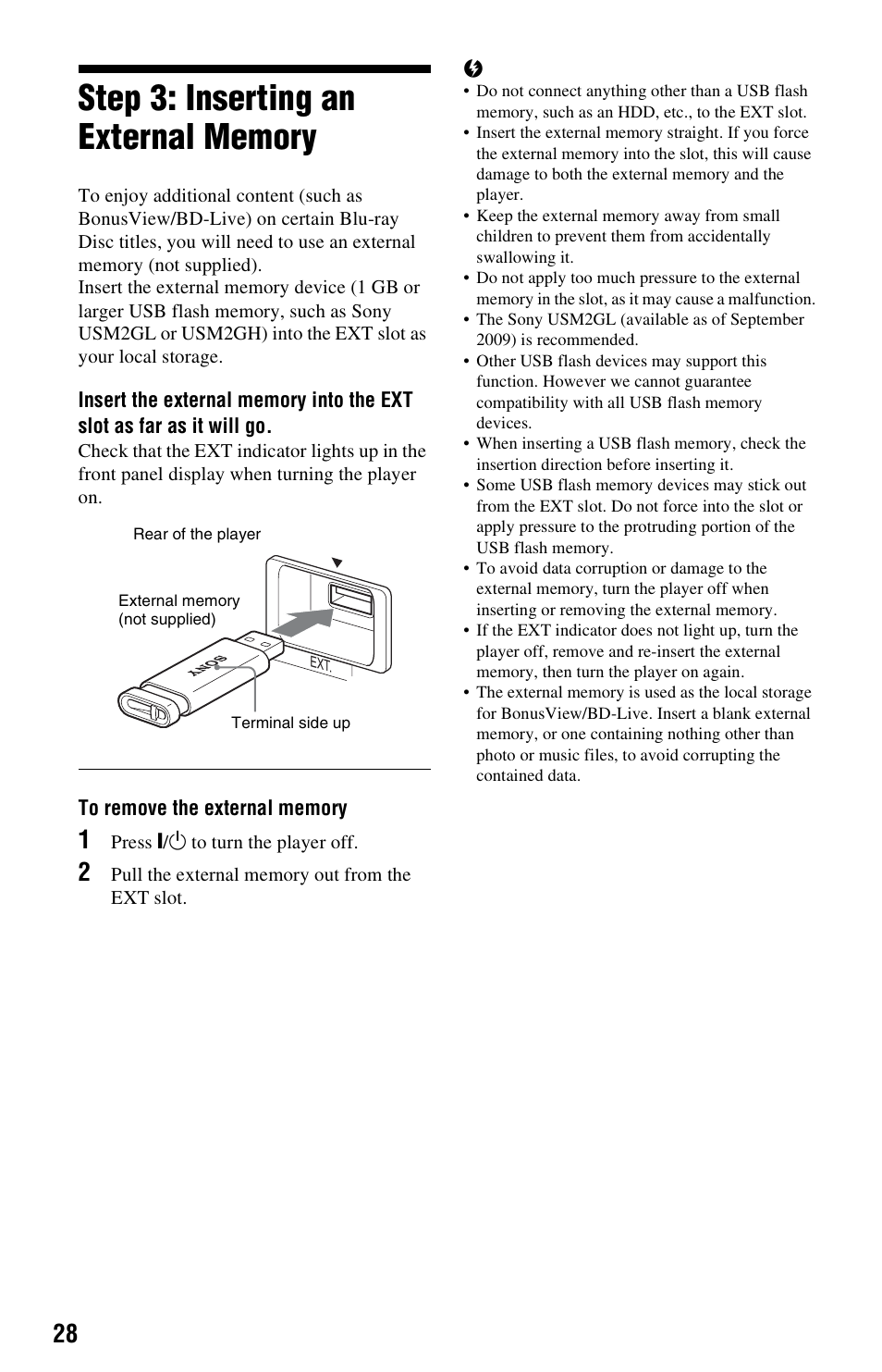 Step 3: inserting an external memory | Sony BDP-CX7000ES User Manual | Page 28 / 99