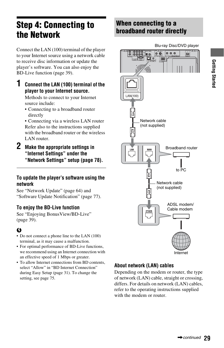 Step 4: connecting to the network, When connecting to a broadband router directly | Sony BDP-CX7000ES User Manual | Page 29 / 99