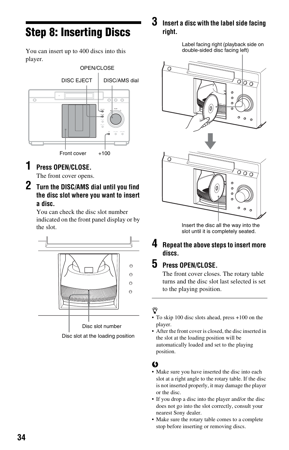 Step 8: inserting discs | Sony BDP-CX7000ES User Manual | Page 34 / 99