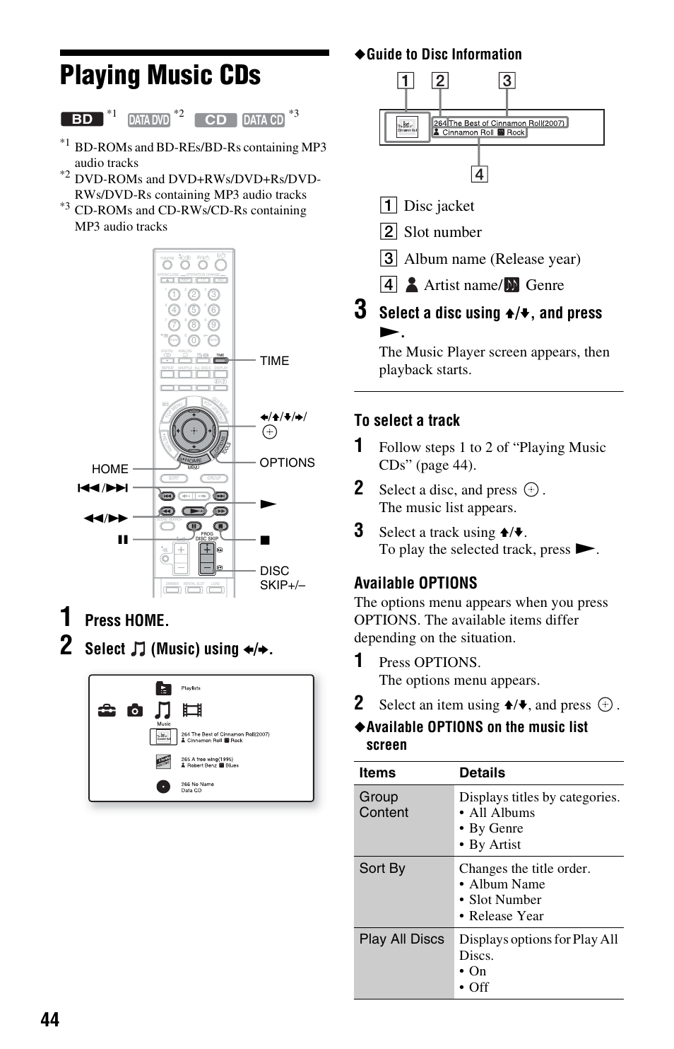 Playing music cds, Press home, Select (music) using b / b | Select a disc using v / v , and press, Available options, Guide to disc information, Select a disc, and press . the music list appears, Press options. the options menu appears, Cd data dvd data cd bd, Xoptions x b/v/v/b/ home time ./> n m/m disc skip | Sony BDP-CX7000ES User Manual | Page 44 / 99
