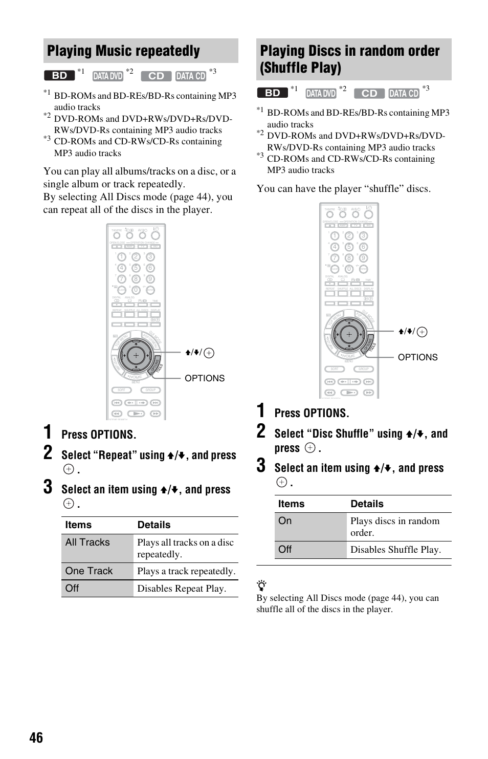 Playing music repeatedly, Playing discs in random order (shuffle play), Press options | Select “repeat” using v / v , and press, Select an item using v / v , and press, Select “disc shuffle” using v / v , and press, You can have the player “shuffle” discs, Cd data dvd data cd bd, Options v/v | Sony BDP-CX7000ES User Manual | Page 46 / 99