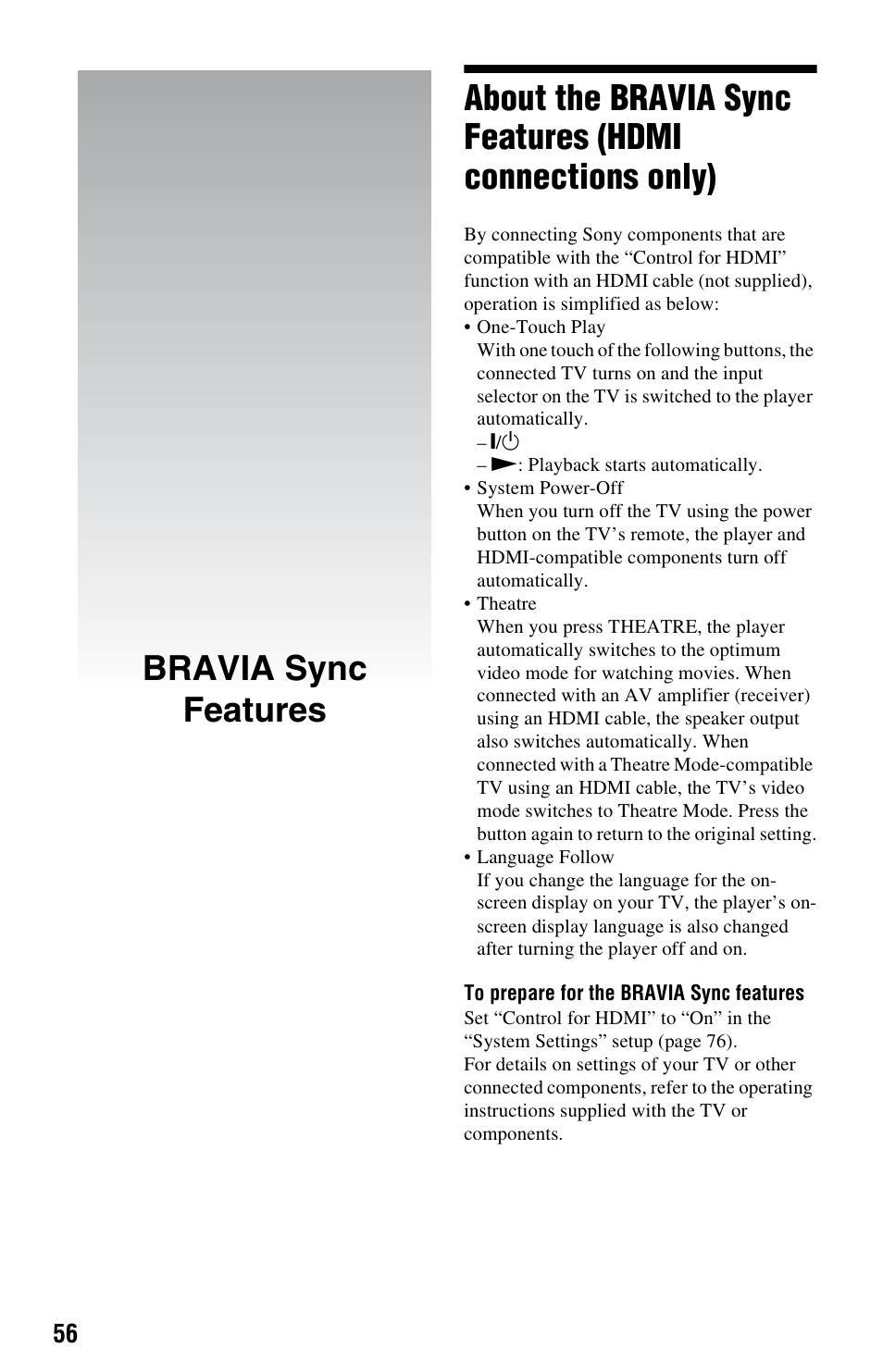 Bravia sync features | Sony BDP-CX7000ES User Manual | Page 56 / 99
