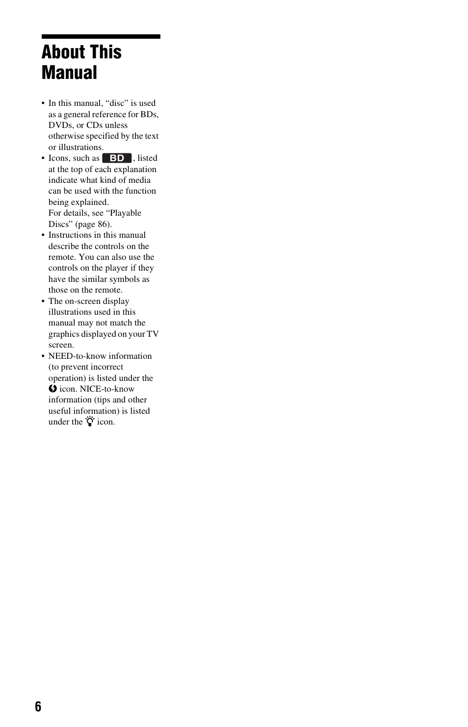 About this manual | Sony BDP-CX7000ES User Manual | Page 6 / 99