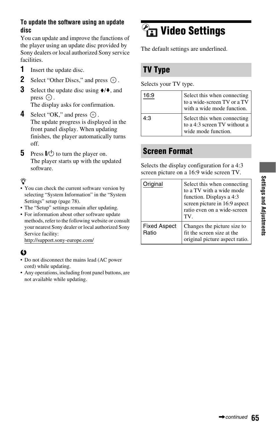 Video settings, Tv type, Screen format | Sony BDP-CX7000ES User Manual | Page 65 / 99