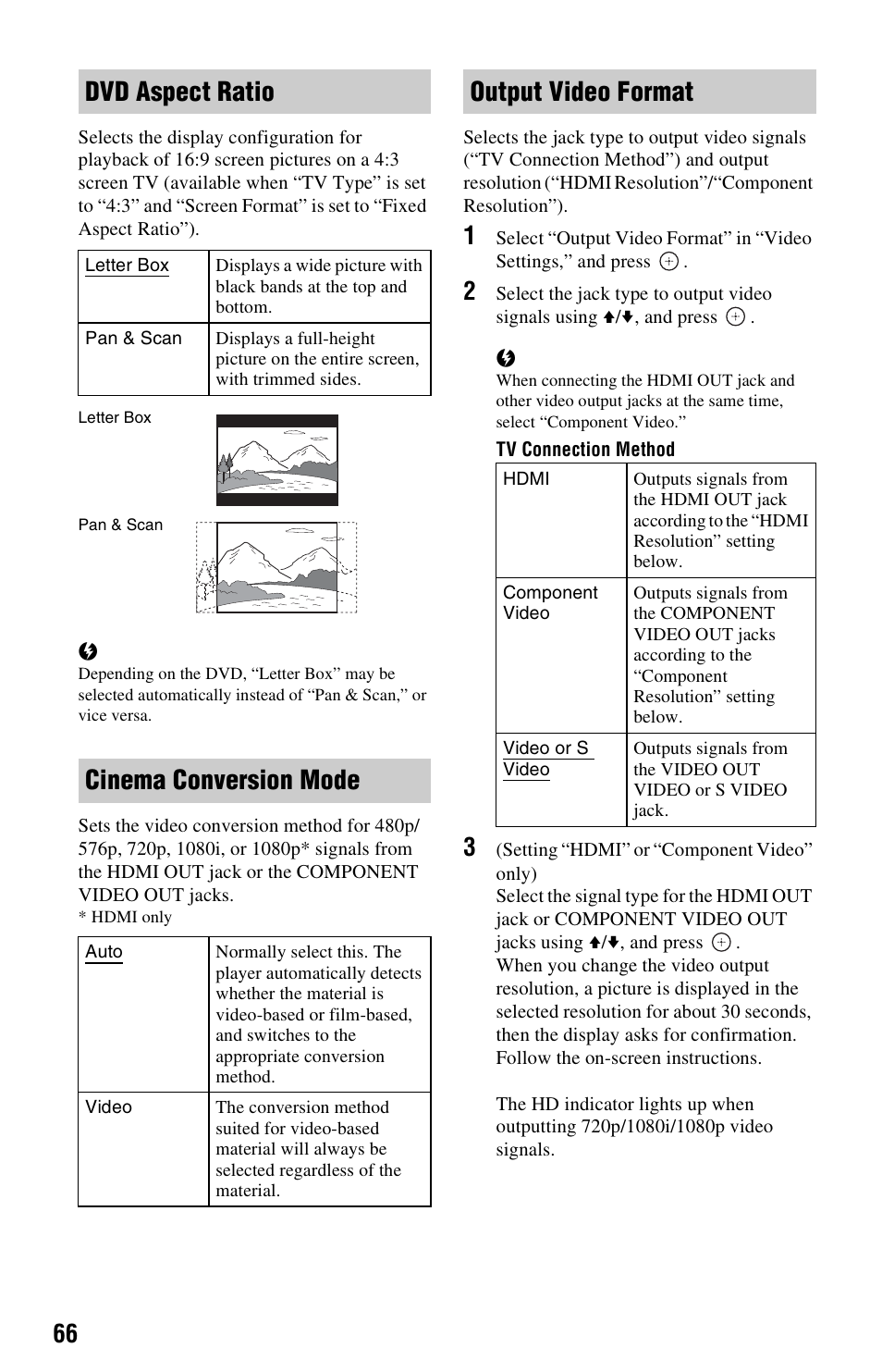 Dvd aspect ratio, Cinema conversion mode, Output video format | Sony BDP-CX7000ES User Manual | Page 66 / 99