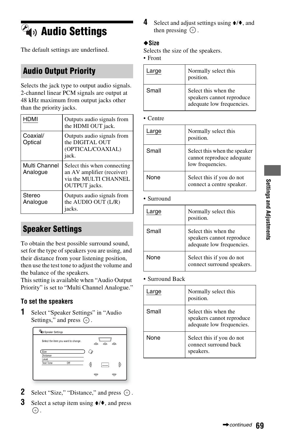 Audio settings, Audio output priority, Speaker settings | Sony BDP-CX7000ES User Manual | Page 69 / 99