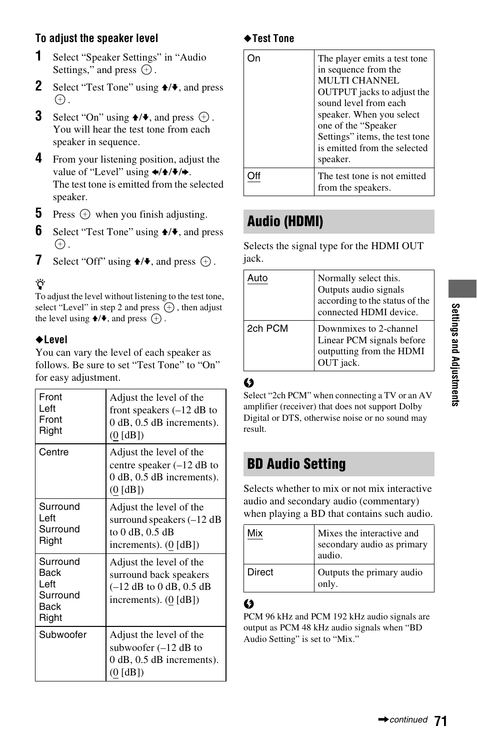 Audio (hdmi), Bd audio setting | Sony BDP-CX7000ES User Manual | Page 71 / 99