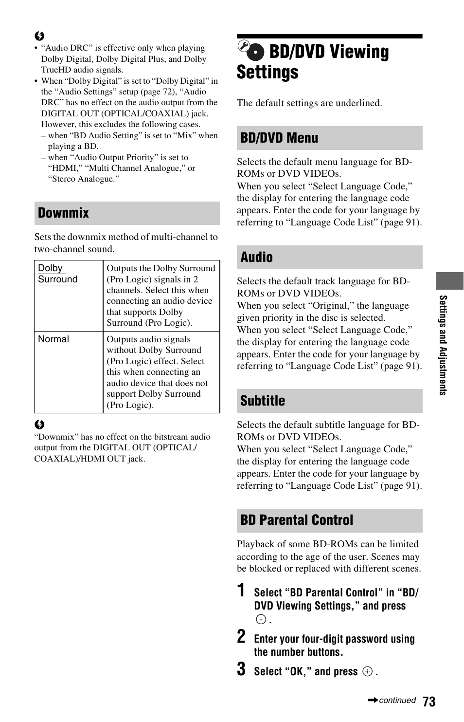 Bd/dvd viewing settings, Downmix, Bd/dvd menu audio subtitle bd parental control | Sony BDP-CX7000ES User Manual | Page 73 / 99