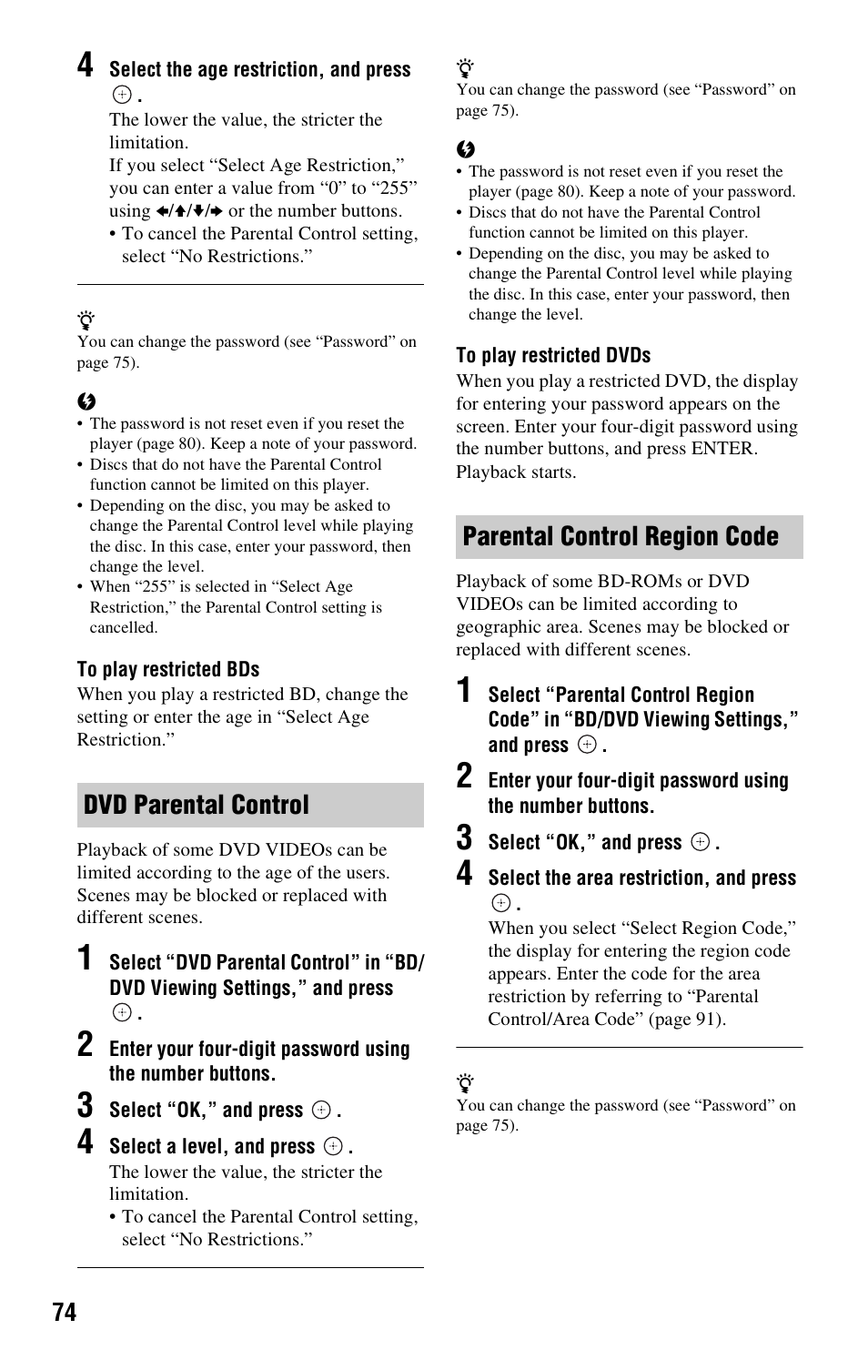Dvd parental control parental control region code | Sony BDP-CX7000ES User Manual | Page 74 / 99