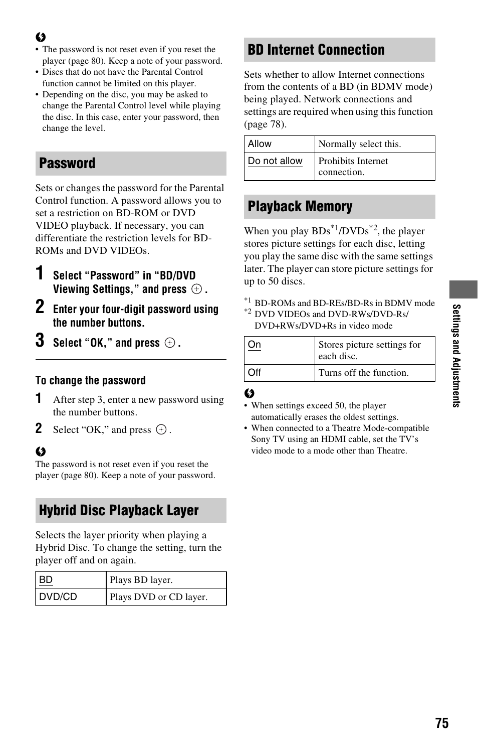 Password hybrid disc playback layer, Bd internet connection | Sony BDP-CX7000ES User Manual | Page 75 / 99