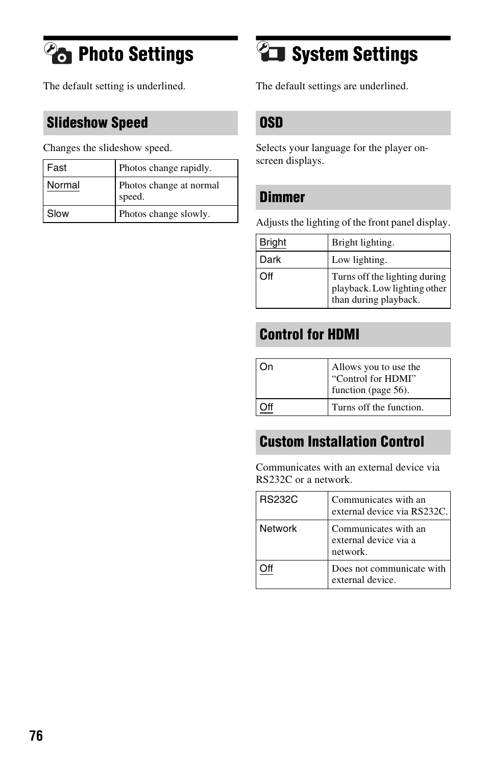 Photo settings, System settings, Photo settings system settings | Slideshow speed, Osd dimmer, Control for hdmi, Custom installation control | Sony BDP-CX7000ES User Manual | Page 76 / 99