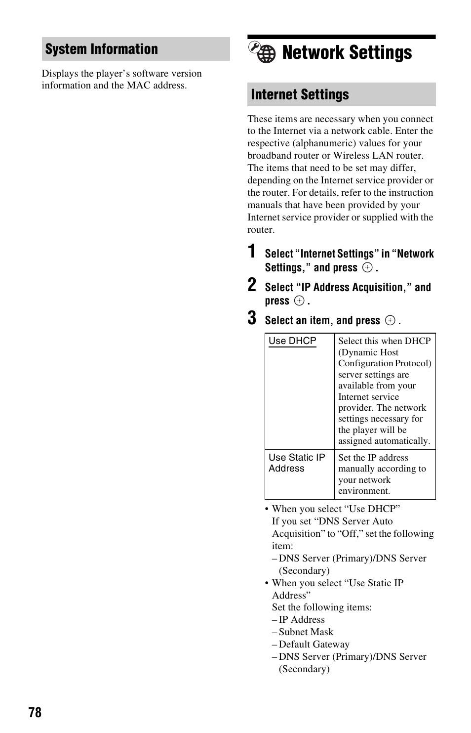 Network settings, System information internet settings | Sony BDP-CX7000ES User Manual | Page 78 / 99