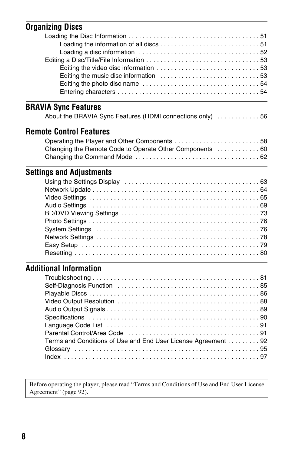 8organizing discs, Bravia sync features, Remote control features | Settings and adjustments, Additional information | Sony BDP-CX7000ES User Manual | Page 8 / 99