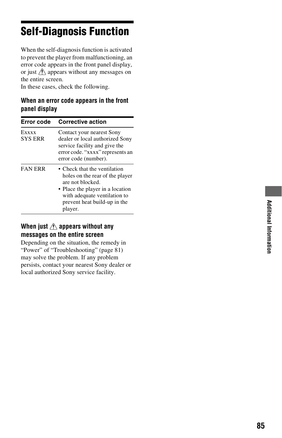 Self-diagnosis function | Sony BDP-CX7000ES User Manual | Page 85 / 99