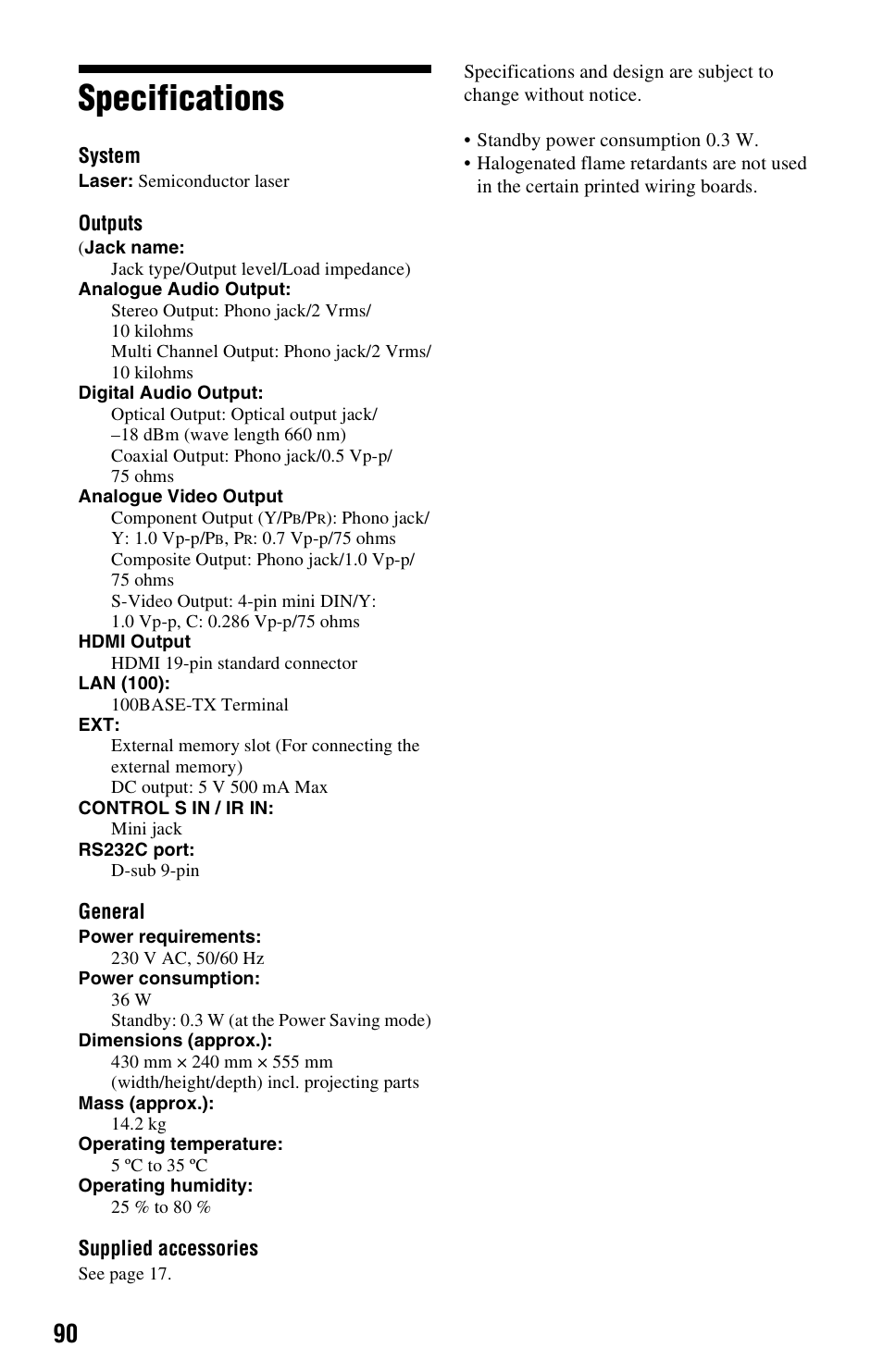 Specifications | Sony BDP-CX7000ES User Manual | Page 90 / 99