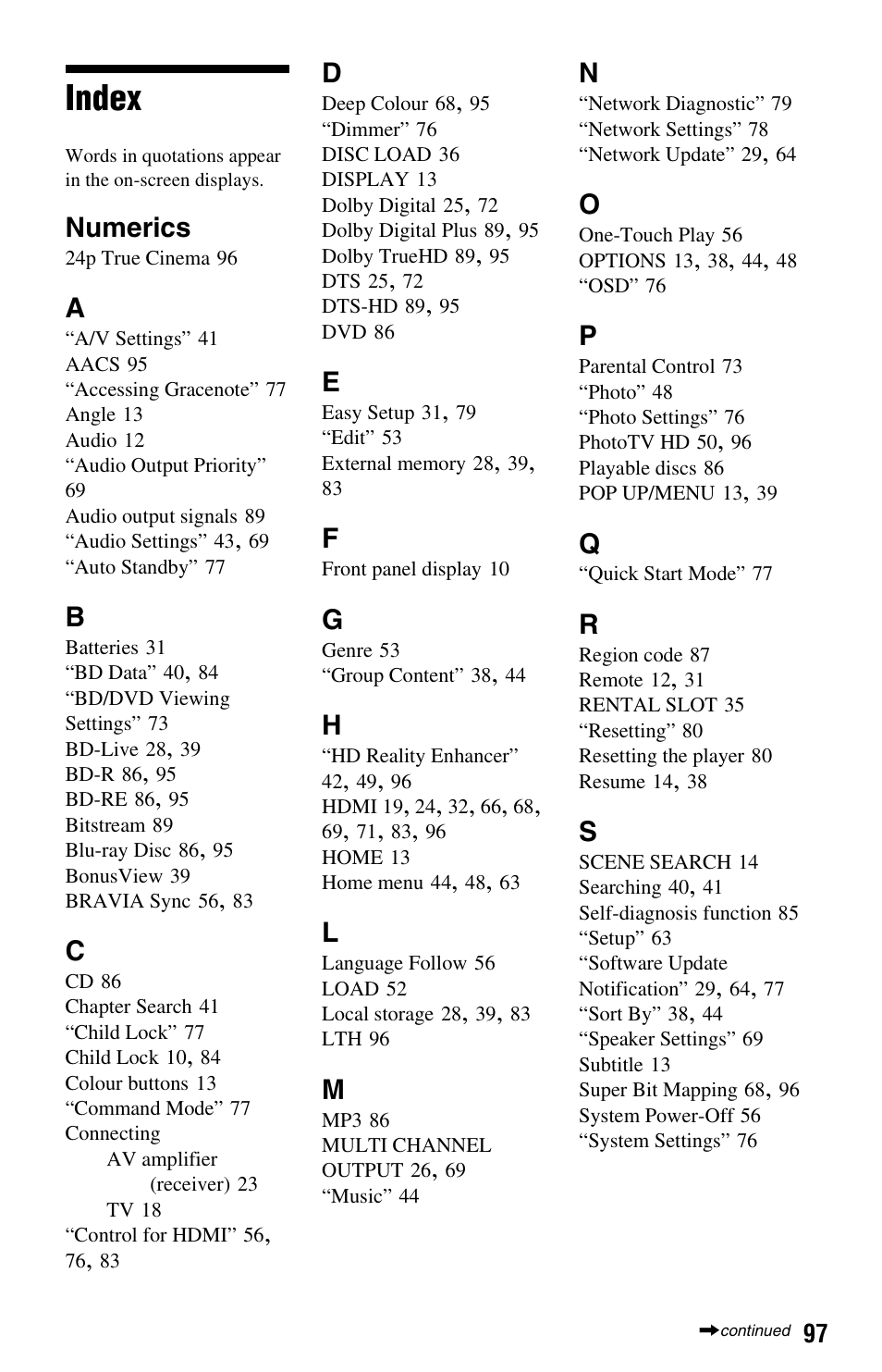 Index, Numerics | Sony BDP-CX7000ES User Manual | Page 97 / 99