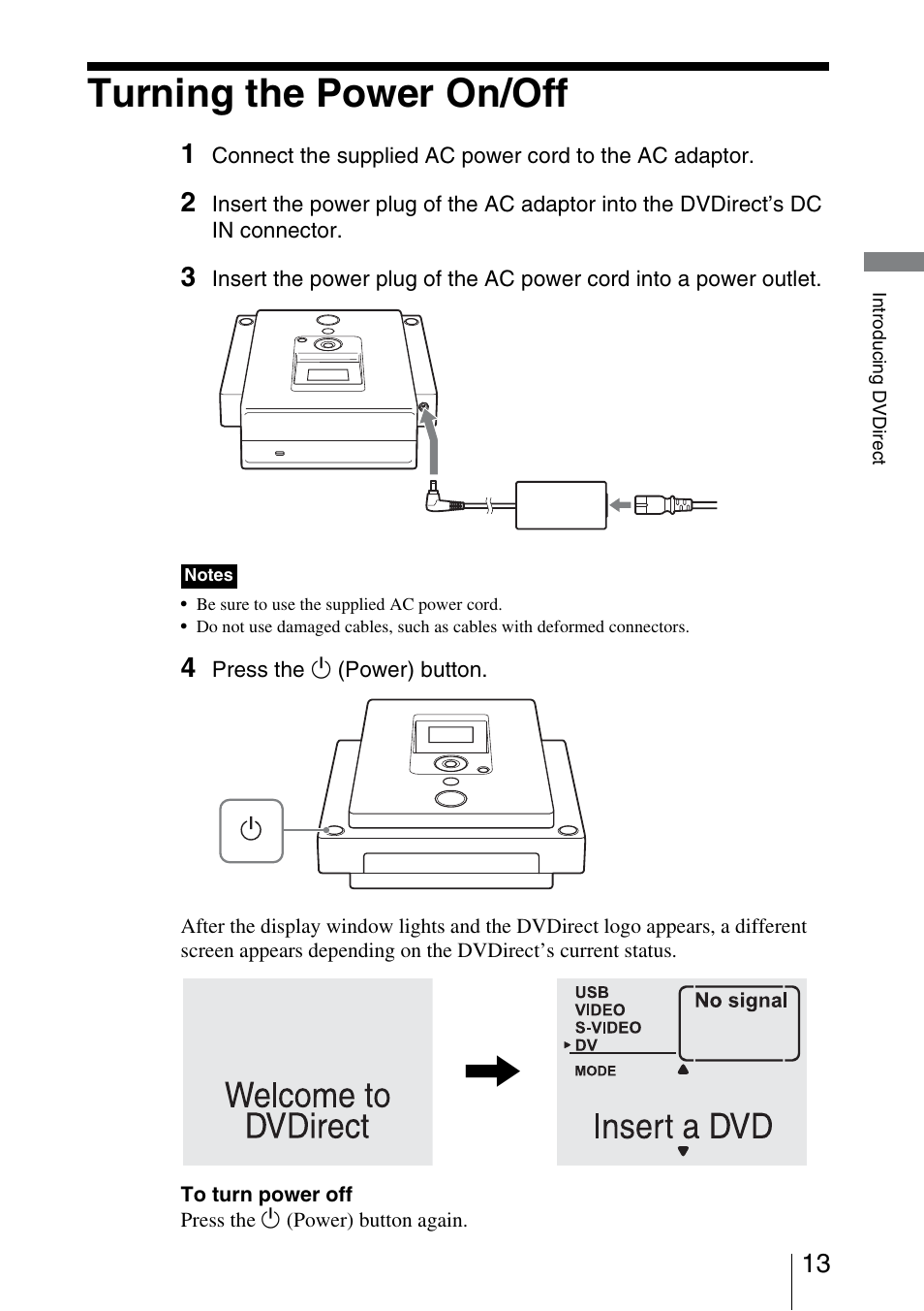 Turning the power on/off | Sony VRD-VC30 User Manual | Page 13 / 64