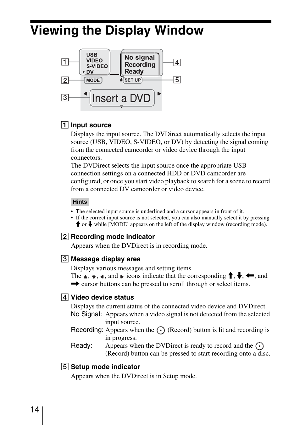 Viewing the display window | Sony VRD-VC30 User Manual | Page 14 / 64