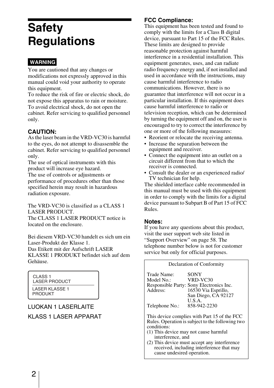 Safety regulations | Sony VRD-VC30 User Manual | Page 2 / 64