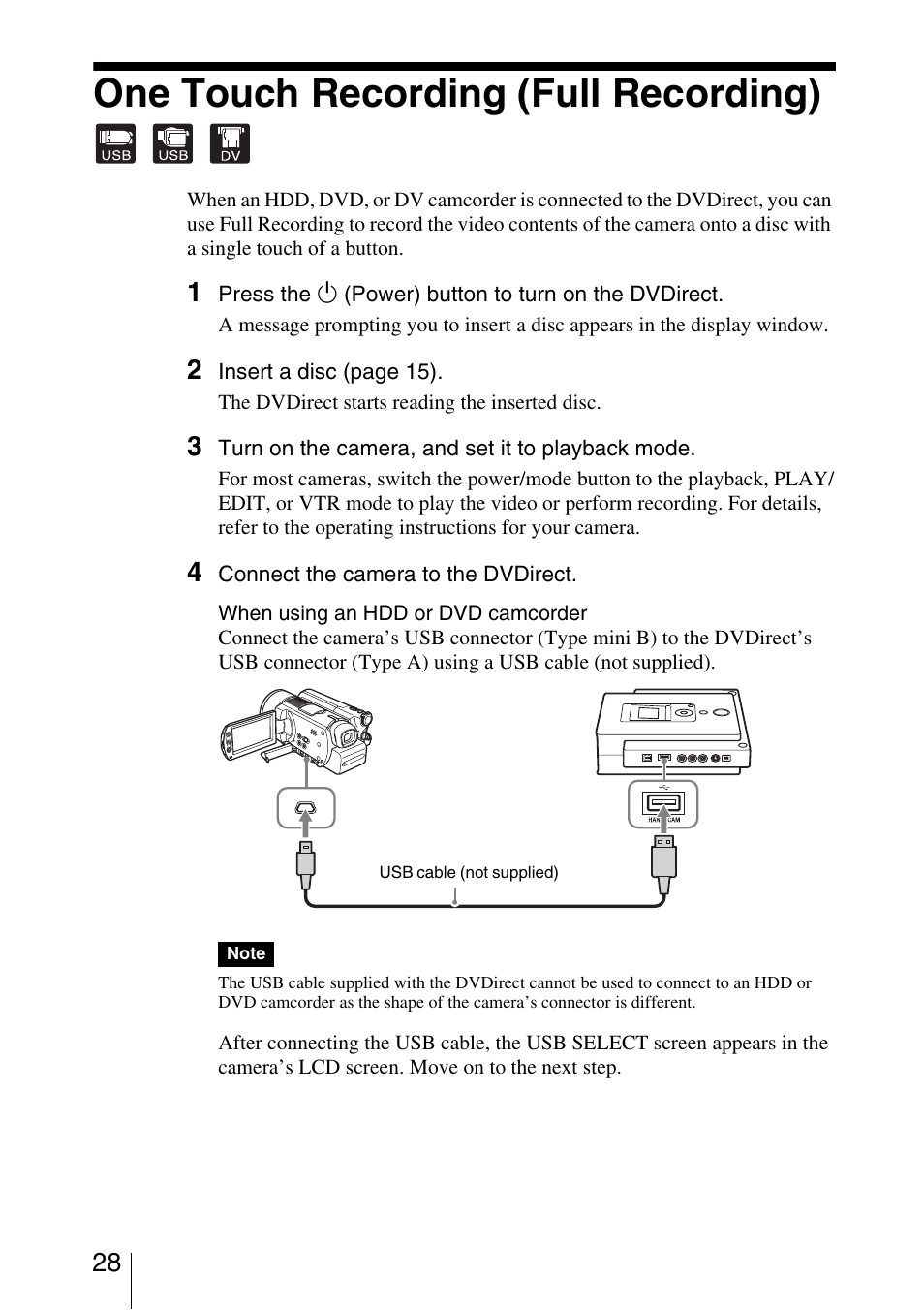 One touch recording (full recording), One touch recording, Full recording) | Sony VRD-VC30 User Manual | Page 28 / 64