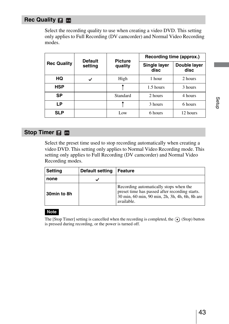 Rec quality, Stop timer | Sony VRD-VC30 User Manual | Page 43 / 64