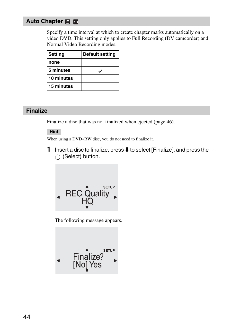 Auto chapter, Finalize | Sony VRD-VC30 User Manual | Page 44 / 64