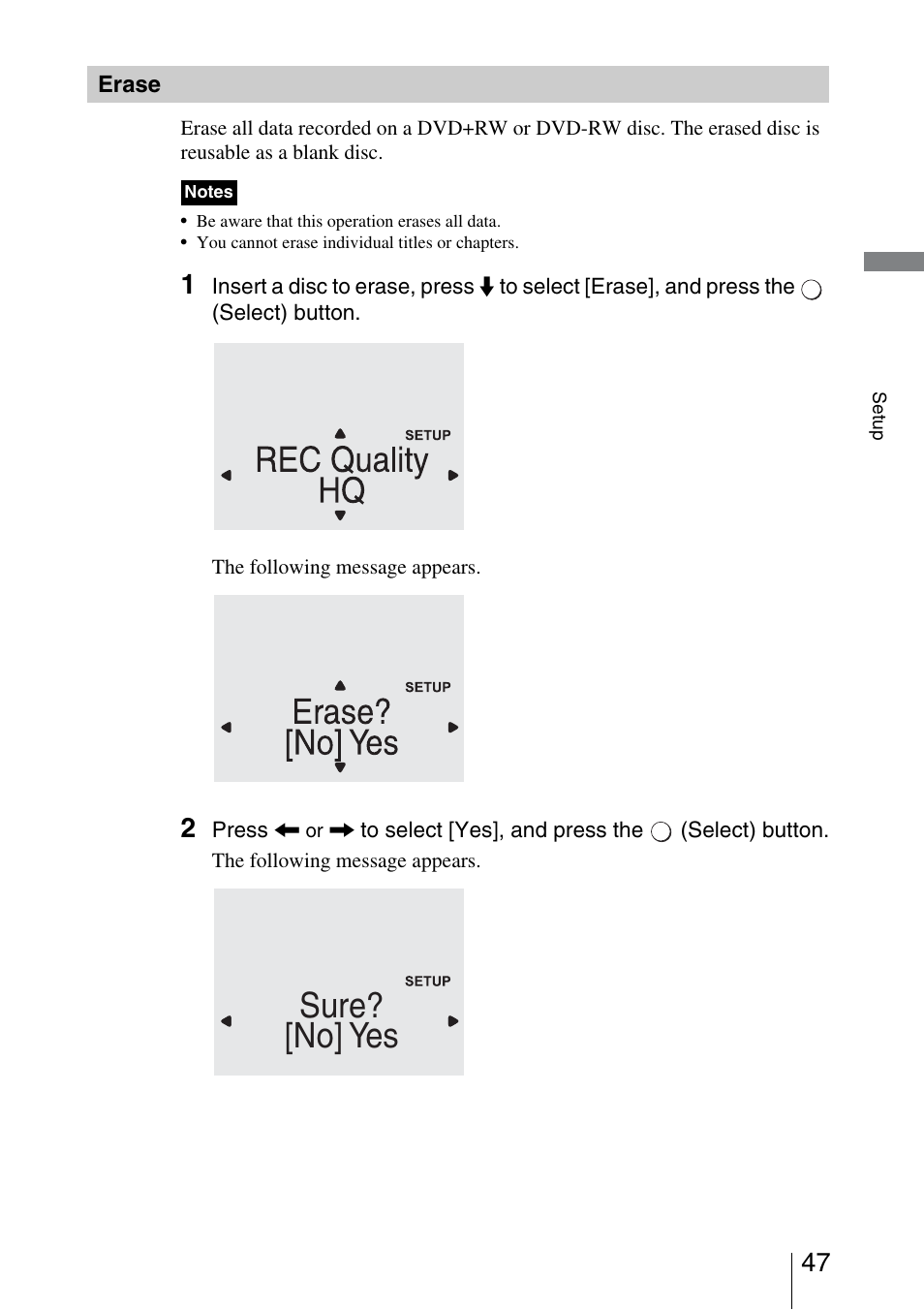 Erase, Sure? [no] yes | Sony VRD-VC30 User Manual | Page 47 / 64