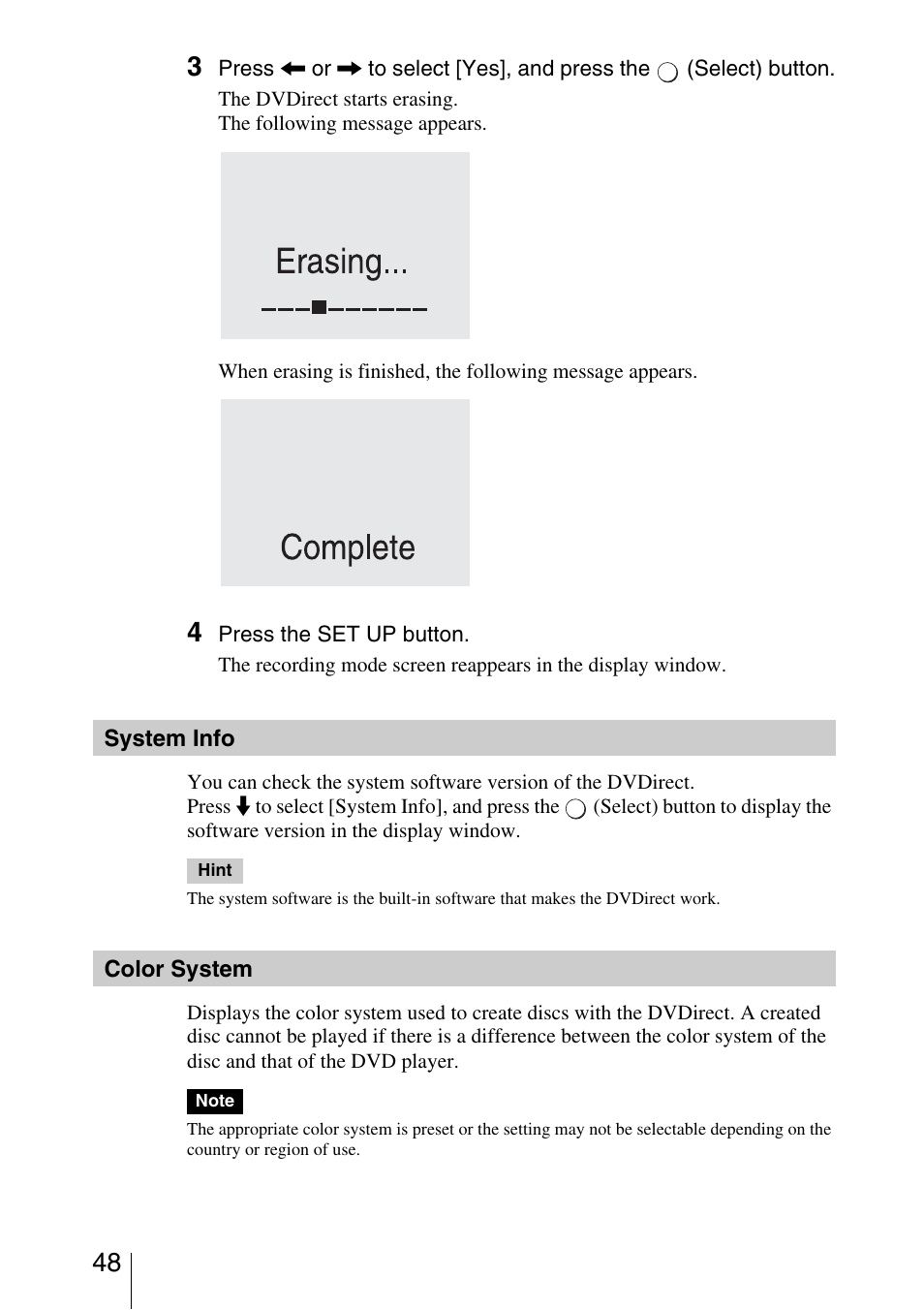 System info, Color system | Sony VRD-VC30 User Manual | Page 48 / 64