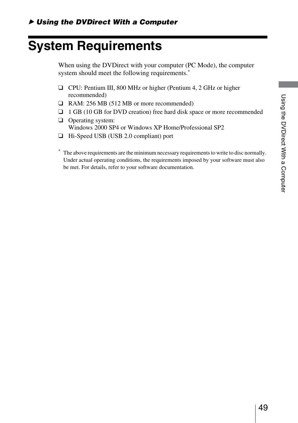 Using the dvdirect with a computer, System requirements | Sony VRD-VC30 User Manual | Page 49 / 64