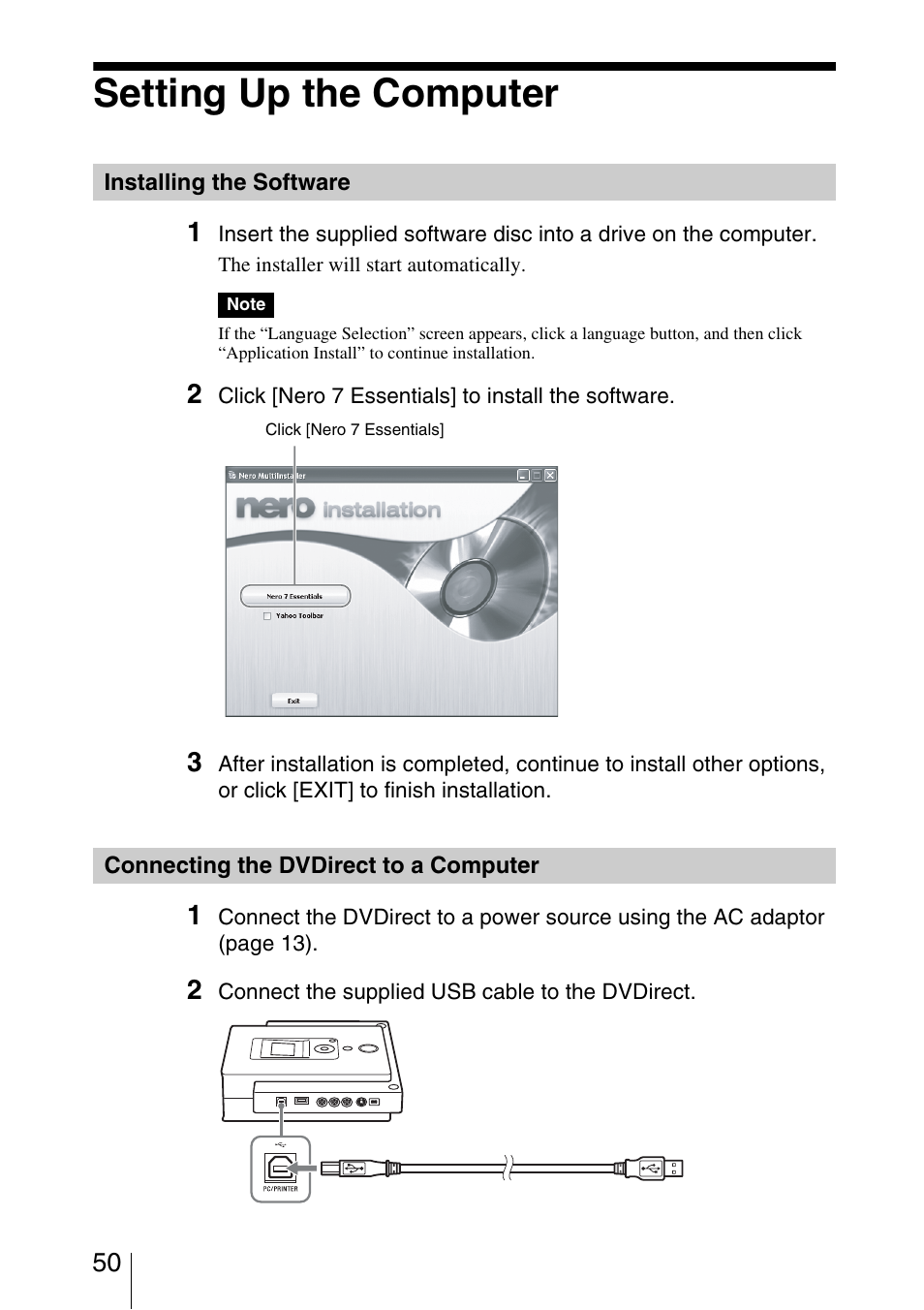 Setting up the computer, Installing the software, Connecting the dvdirect to a computer | Sony VRD-VC30 User Manual | Page 50 / 64