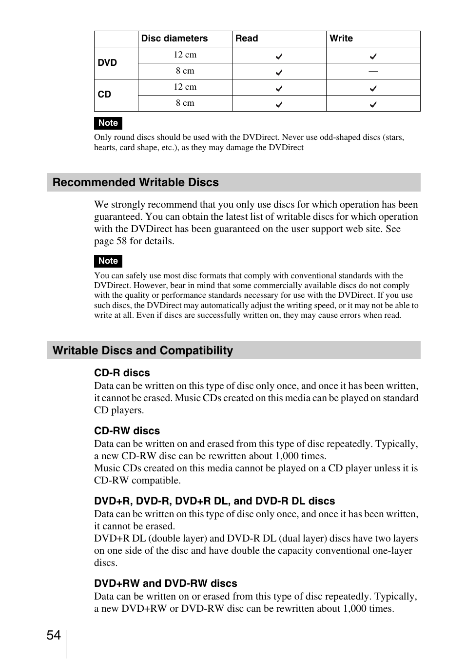 Recommended writable discs, Writable discs and compatibility, Writable discs and | Compatibility | Sony VRD-VC30 User Manual | Page 54 / 64