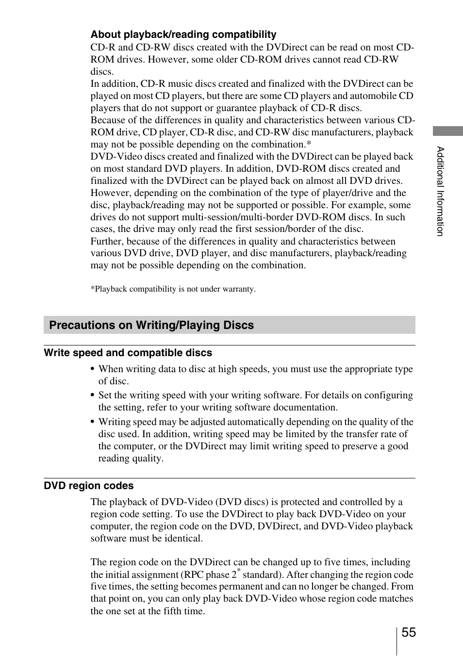 Precautions on writing/playing discs | Sony VRD-VC30 User Manual | Page 55 / 64