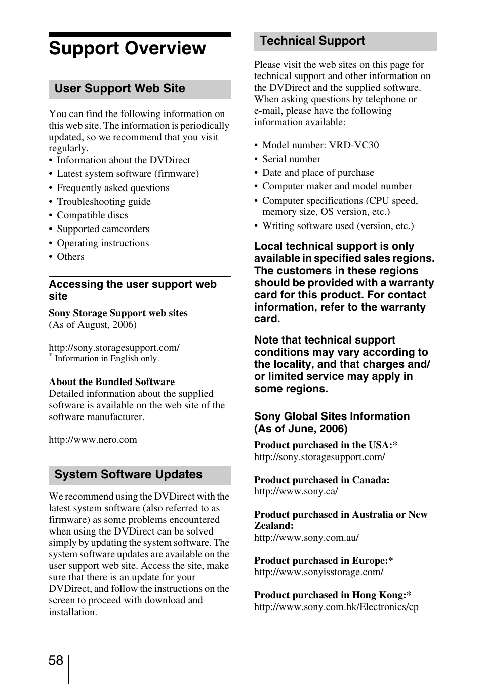 Support overview, User support web site, System software updates | Technical support | Sony VRD-VC30 User Manual | Page 58 / 64