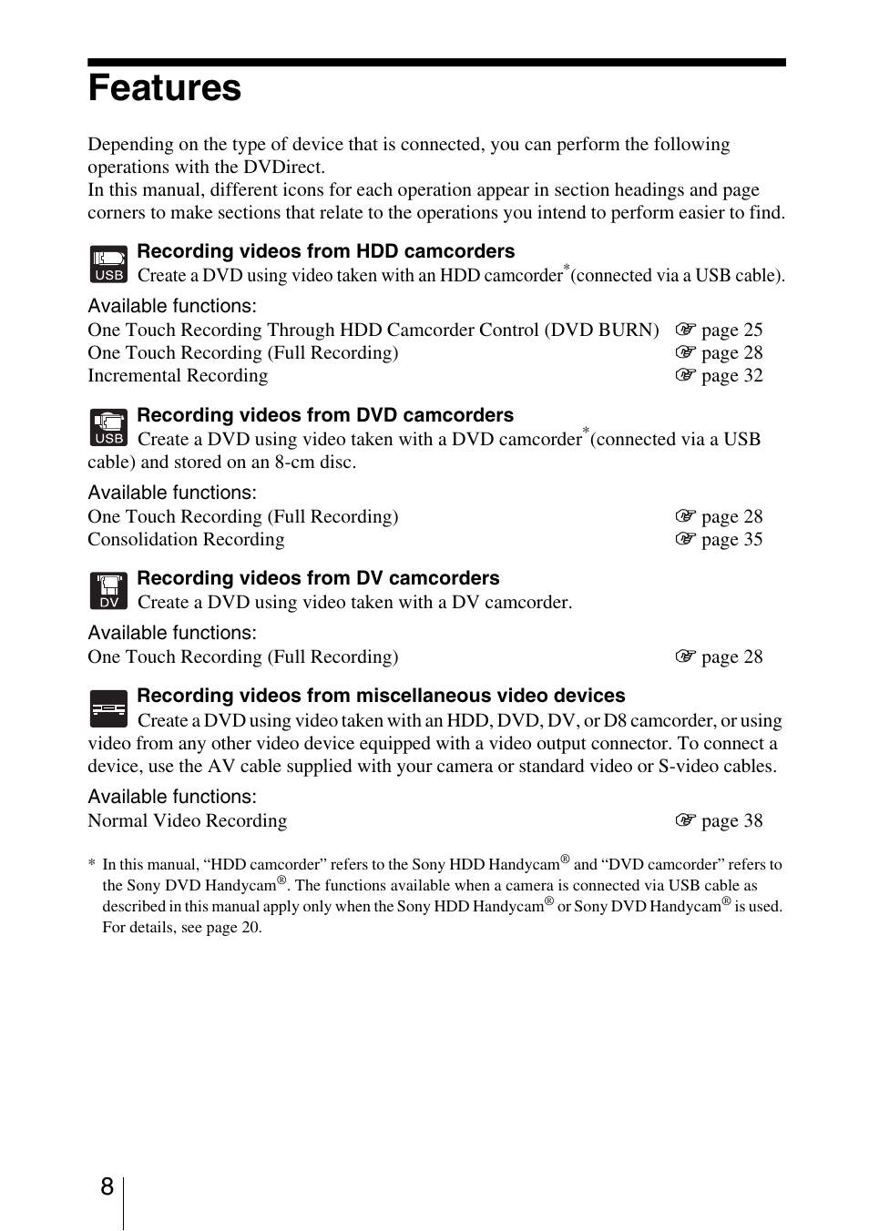 Features | Sony VRD-VC30 User Manual | Page 8 / 64