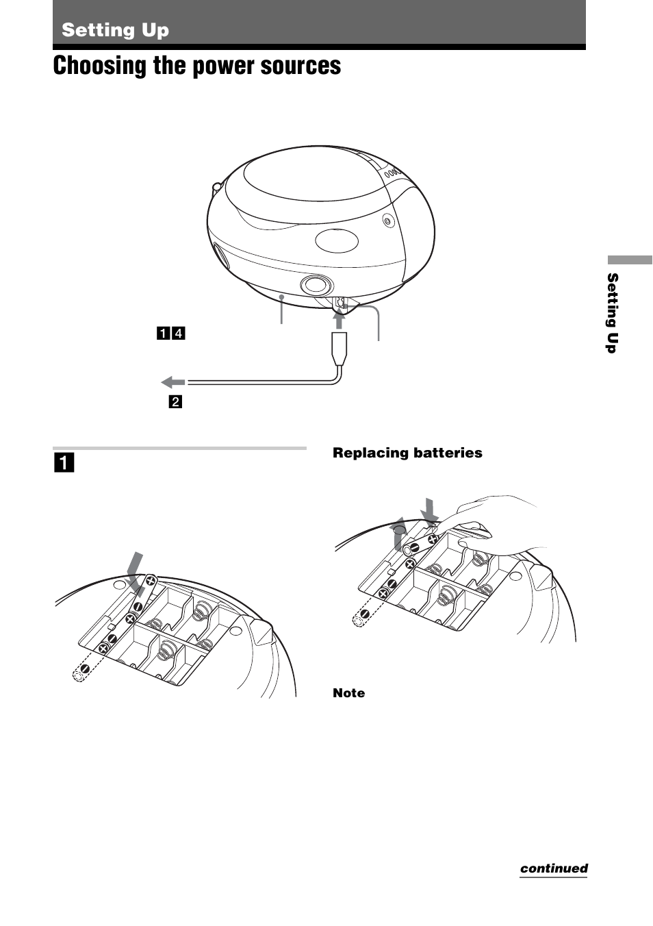 Setting up, Choosing the power sources | Sony CFD-E90L User Manual | Page 23 / 68