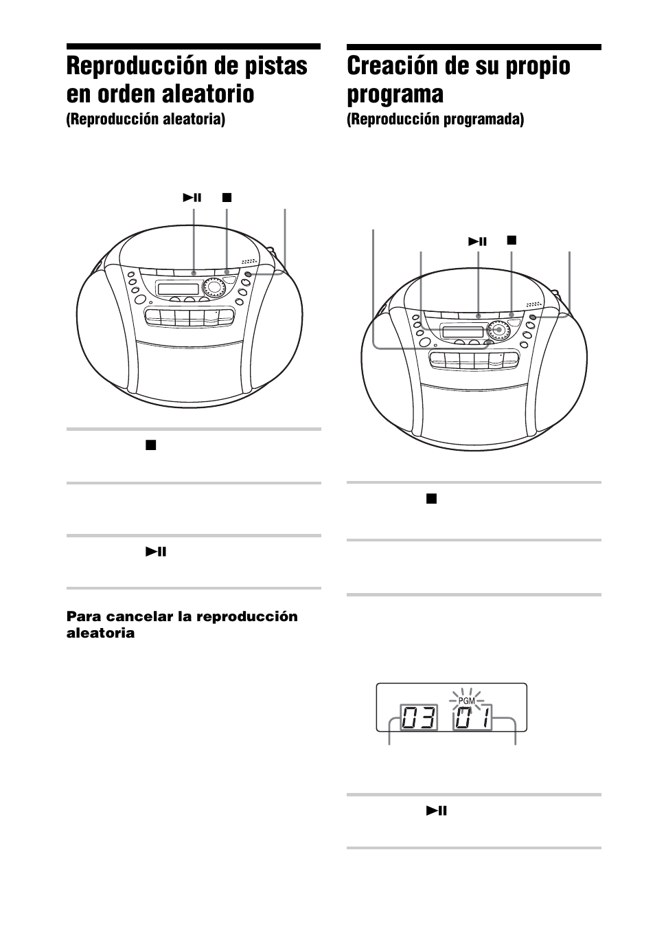 Reproducción de pistas en orden aleatorio, Reproducción aleatoria), Creación de su propio programa | Reproducción programada) | Sony CFD-E90L User Manual | Page 46 / 68