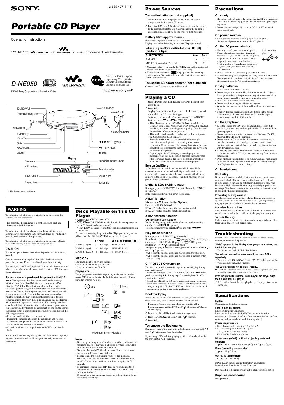 Sony D-NE050 User Manual | 1 page