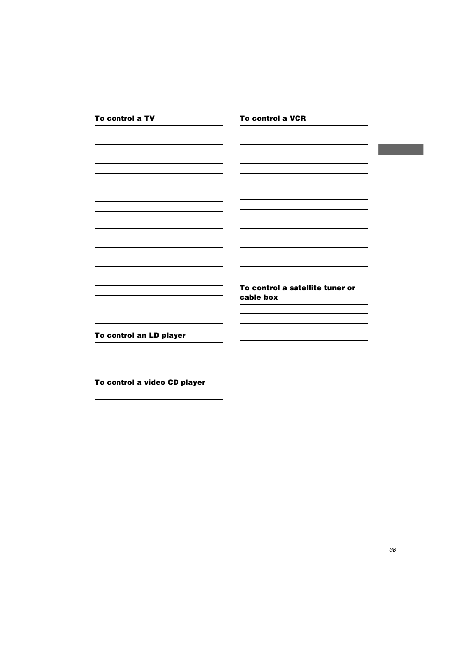 To control a tv, To control an ld player, To control a video cd player | To control a vcr, To control a satellite tuner or cable box | Sony RM-LG112 User Manual | Page 11 / 16