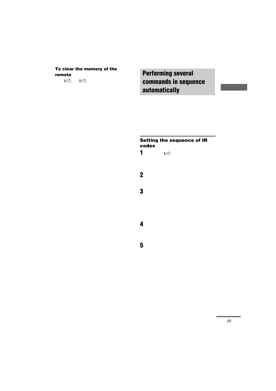 To clear the memory of the remote, Setting the sequence of ir codes, 1 press tv ?/1 while holding down use mode | Sony RM-LG112 User Manual | Page 13 / 16