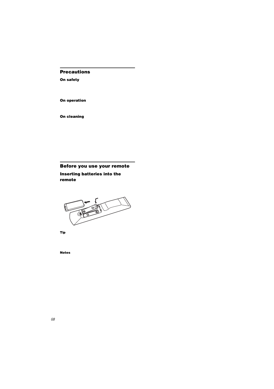 Precautions, Before you use your remote, Inserting batteries into the remote | Notes | Sony RM-LG112 User Manual | Page 2 / 16