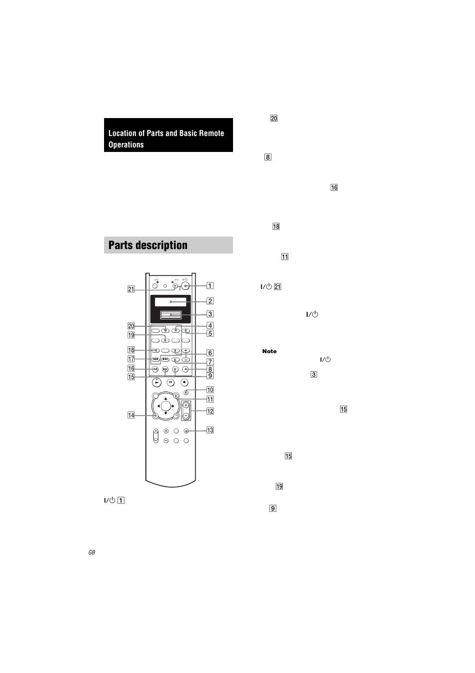 Parts description, Note, Location of parts and basic remote operations | Press to turn the receiver on or off, Press to select direct function, A.f.d. w, Alt 8, After pressing alt) qh, Audio qk, Av menu qa | Sony RM-LG112 User Manual | Page 4 / 16